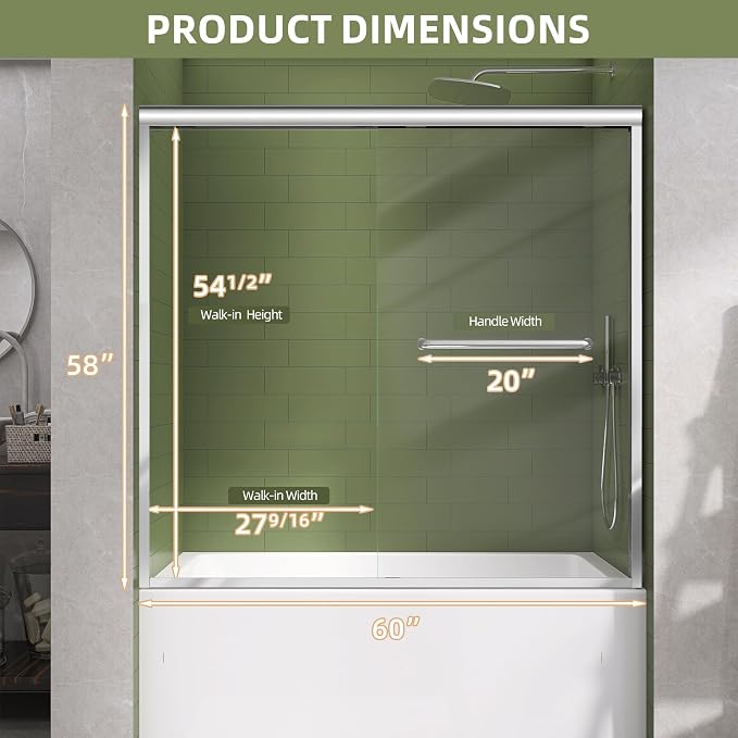 GETPRO Tub Shower Door 56-60 in. W x 58 in. H Semi-Frameless Bypass Double - Image 9