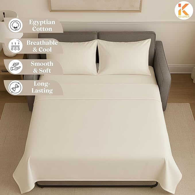 Sleeper Sofa Bed Sheet Set - Queen Size 4 PC's Sheet Set Sofa Bed Sheets - 100% Cotton 400 Thread Count Sofa Sheets - Sleeper Sofa Sheets - Fits Mattresses Up to 6" Drop - Ivory