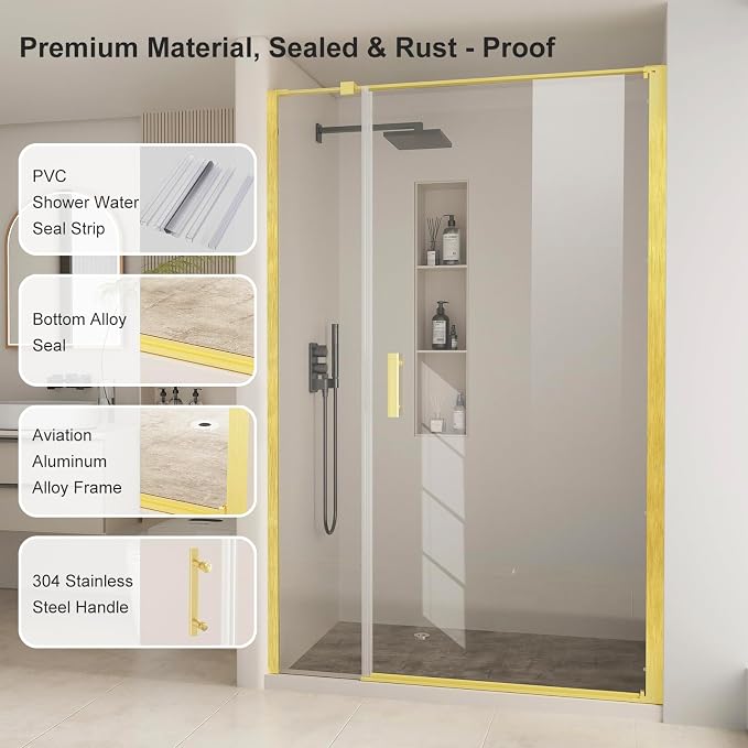 Bathbliss Framed Pivot Shower Door, Glass Shower Door in Brushed Gold, 58.5" to - Image 7