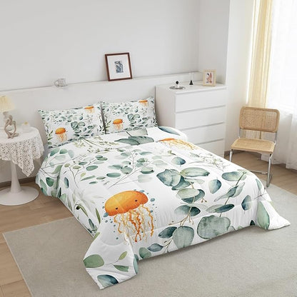 Erosebridal Kawaii Jellyfish Bedding Queen Size for Boys Girls Cartoon Animal Comforter Set Queen, Eucalyptus Leaves Duvet Insert Ocean Wildlife Quilt Set, Tropical Plants Bedding Comforters & Sets