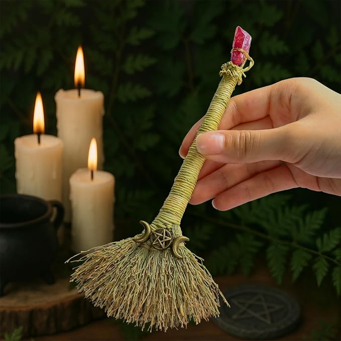Witch Altar Mini Broom with Crystal and Triple Moon Decor - Image 2