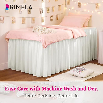 RIMELA Dorm Bed Skirt Twin XL 32 Inch Drop, Easy to Install Extra Long Wrap Around Elastic Dust Ruffle, Warm White Bedskirt Solid Silky Fabric Machine Washable (Twin XL 80“L x 39”W & Twin 75“L x 39”W)