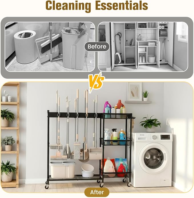 Broom Holder with Cleaning Supplies Organizer, Cleaning Utility Cart on Wheels - Image 4