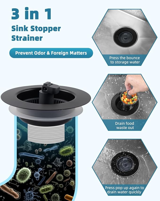 Universal 3 in 1 Kitchen Sink Drain Strainer Stopper Combo, Anti-Clog and Easy - Image 5