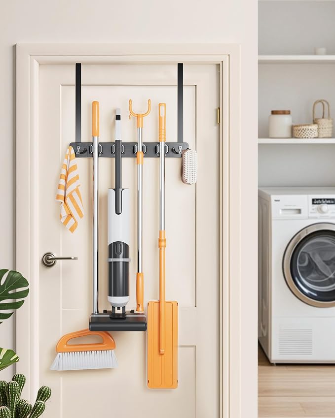 Mop and Broom Holder Wall Mount, No Drill Over the Door Broom and Mop Holder - Image 2