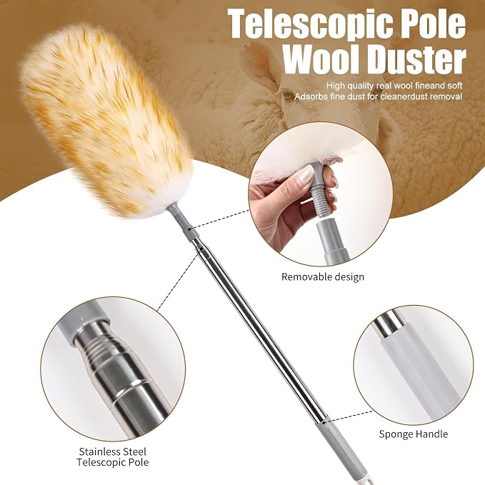 Lambswool Duster 98 inch Retractable Stainless Steel Handle Soft Natural Wool - Image 3