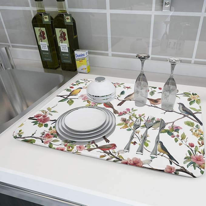 Spring Dish Drying Mat for Kitchen Counter Cute Birds Summer Holiday Microfiber - Image 6