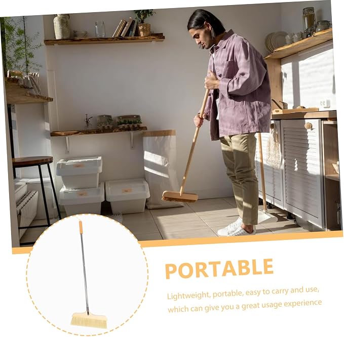 Natural Bristle Broom Soft Floor Brush Stainless Steel Pole Home Cleaning Tool - Image 7