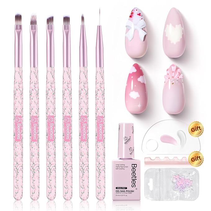 Beetles Gel Polish Nail Art Brushes Set 6 Pcs Nail Brush and 8 ml Pink Painting by beetlesGelPolish