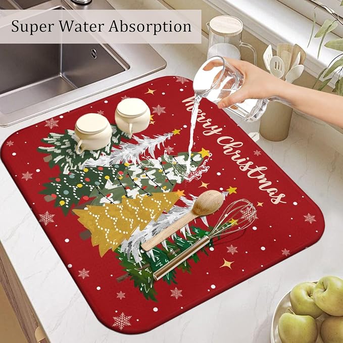 Christmas Kitchen Countertop Dish Drying Mat, Washable Absorbent Countertop - Image 5