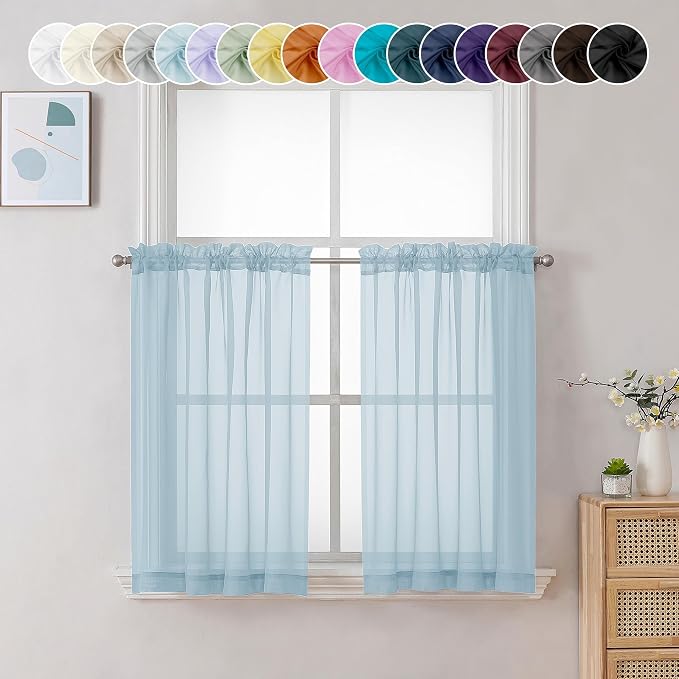 Chyhomenyc Sheer Sky Blue Tier Curtains 24 Inch Length, Small Window Curtains by Chyhomenyc