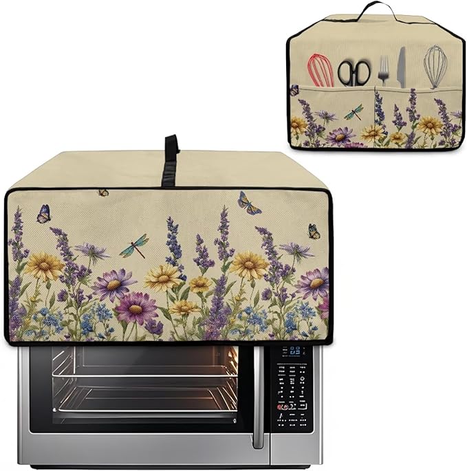 Convection Toaster Oven Cover with Side Pockets, Dust-Proof Smart Microwave Oven Protector for Countertop Decorations, S, Floral Butterfly Dragonfly