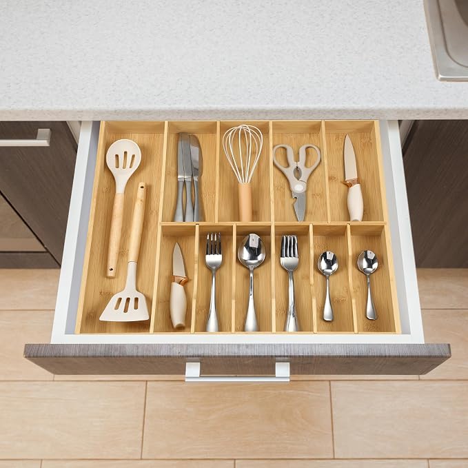 Fabsome Silverware Organizer for Kitchen Drawers, 2.5'' Deep 18.8'' Wide Bamboo - Image 5