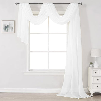 DONREN White Sheer Window Scarf Valance - Luxury Soft Semi Sheer Scarf for Window Wedding Arch Curtains (1 Panel, 34 x 216 Inch Length)