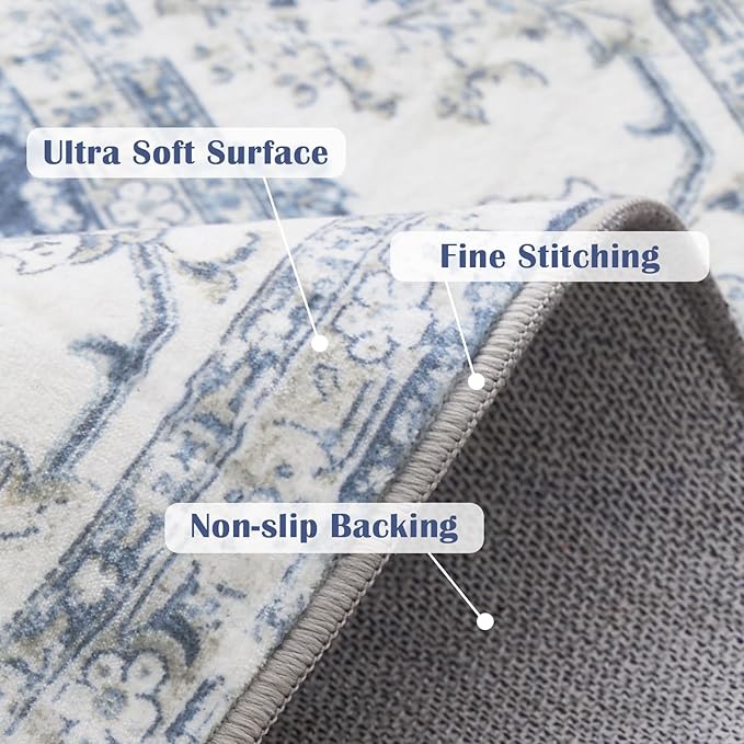 jinchan Fiora Round Rug 8ft Area Rug - Dark Blue Vintage Floor Mat Indoor Ultra-Thin Soft Floral Print - Washable Circle 8' Retro Accent for Farmhouse Non Slip Dining Room Living Room Bedroom Office