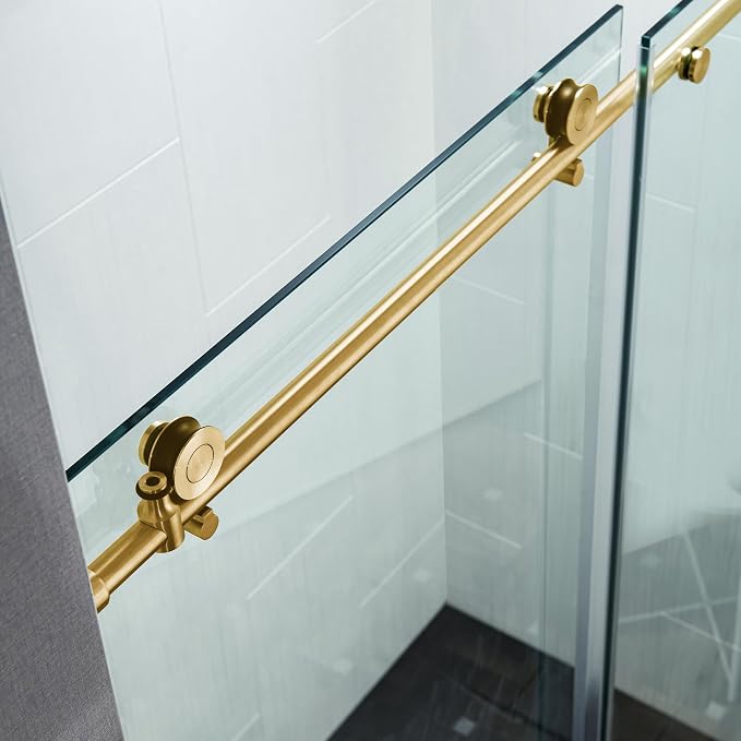 Woodbridge Frameless Single Sliding Shower Doors in Brushed Gold Finish - Image 12