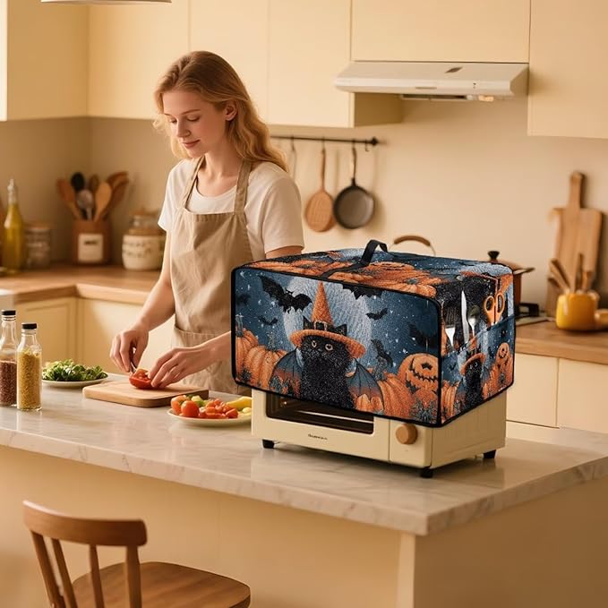 Bat Cat Pumpkin Moon Print Toaster Oven Cover Dust-Proof Microwave Oven Grill Cover Protector with Top Handle Reusable Reusable Kitchen Accessories for Halloween Decor, M