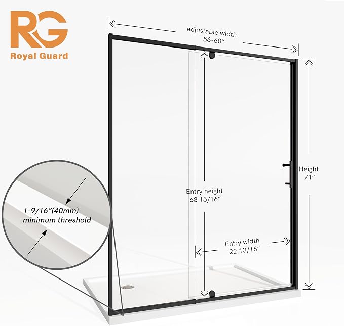 56-60" W x 71" H Pivot Swing Glass Shower Door, Pivot Frame Shower Door - Image 6