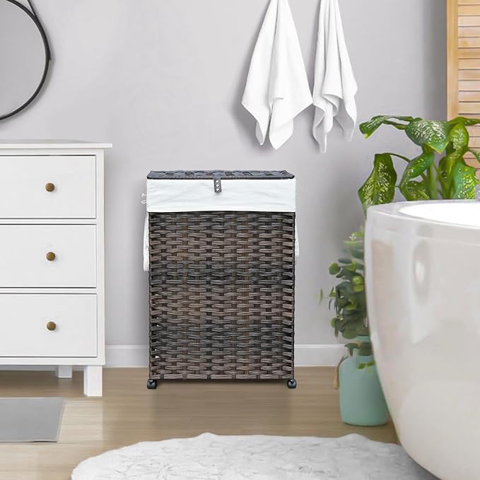 70L Slim Laundry Hamper with Lid & Wheels, 2-Park Rolling Laundry Basket with 4 - Image 3