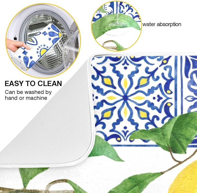 Lemon Blue Tiles Dish Drying Mat - Image 4