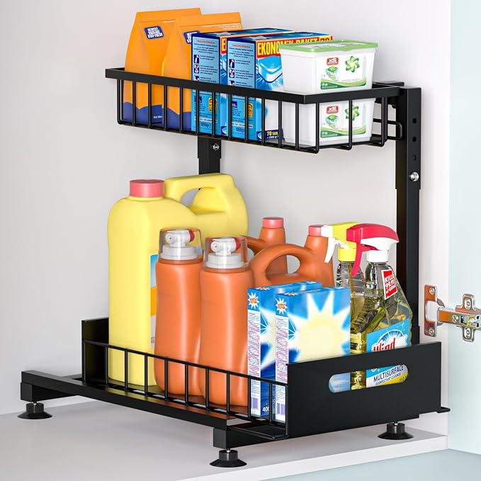 L-Shaped Under Sink Organizer, 2-Tier Pull Out Metal Kitchen Cabinet Organizer by Saydear
