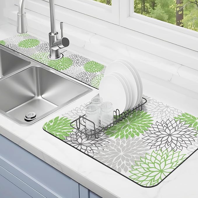 Dish Drying Mat for Kitchen Counter Matt, Super Absorbent Non-slip Rubber Backed by Kuyig+Home