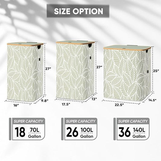 BALEINE Laundry Hamper with Lid, Tall Laundry Baskets with Bamboo Pull Handles - Image 2