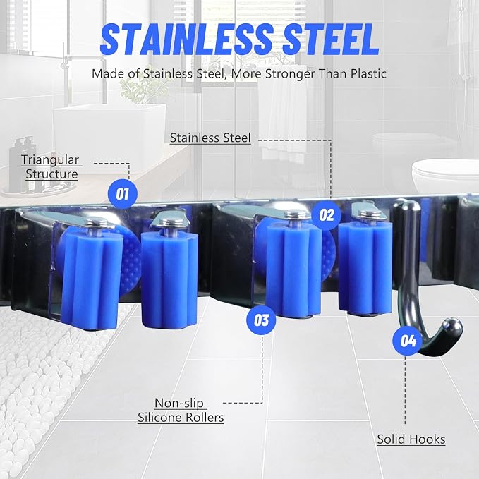 BigKing Mop Broom Holder Wall Mounted, 6 Racks 3 Hooks Heavy Duty Stainless - Image 3