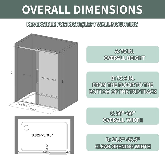Frameless Shower Door 56-60 in. W x 76 in. H, Single Sliding Glass Door - Image 2