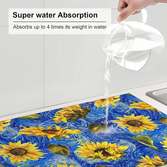 Starry Night Sunflower Blue Dish Drying Mat - Image 6