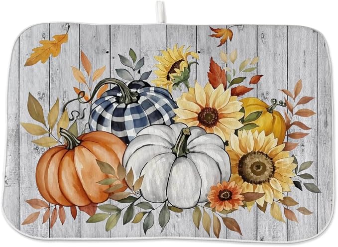 Fall Dish Drying Mat 18 x 24 Inch Thanksgiving Sunflower Pumpkin Drying Mat by Sorktse