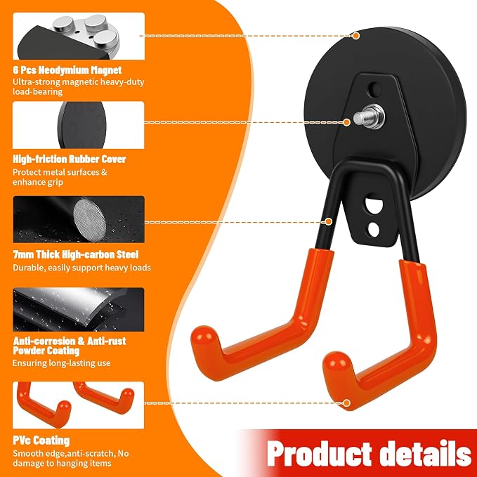 4 Pack Heavy Duty Magnetic Garage Hooks, No Drill Installation and Rubber - Image 3