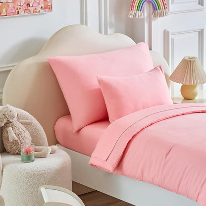 Toddler Bedding Set - 5 Piece Soft and Breathable Toddler Bed Set for Boys and Girls, Includes Quilted Comforter, Fitted Sheet, Flat Top Sheet, Standard Pillowcase and Toddler Pillowcase, Pink