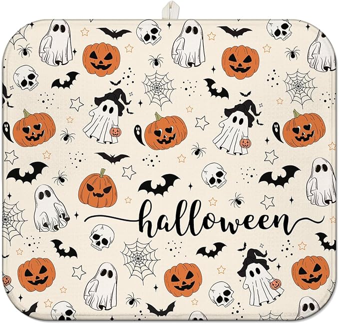 Halloween Dish Drying Mat for Kitchen Counter, Horror Halloween Pumpkin Skull by Unknown