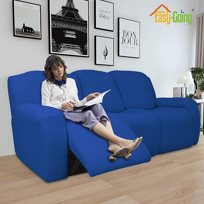 Easy-Going 8 Pieces Recliner Sofa Stretch Sofa Slipcover Sofa Cover Furniture Protector Couch Soft with Elastic Bottom Kids, Spandex Jacquard Fabric Small Checks Classic Blue