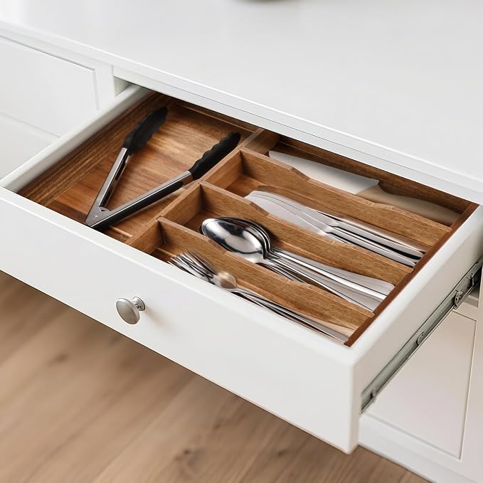 Acacia Wood Silverware Drawer Organizer, 12 Inch Adjustable Cutlery Tray - Image 5