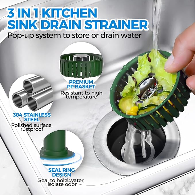 Upgraded 3in1 Kitchen Sink Drain Strainer & Sink Stopper, Stainless Steel - Image 2