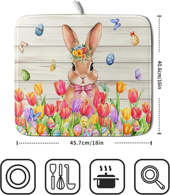 Easter Bunny Dish Drying Mat 16x18 inch Eggs Floral Fast Drying Pad Washable - Image 2