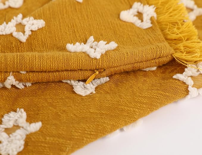 Boho Long Lumbar Pillow Cover 12x26 with Tassel,3D Flower Patterned Cotton Decorative Long Lumbar Pillow Cover Pillow Case for Sofa Couch Bed Livingroom Farmhouse,Yellow