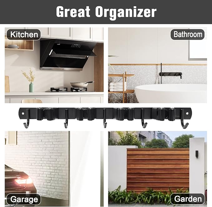 2 Pack Mop and Broom Holder Wall Mount 4 Racks and 5 Hooks Broom Organizer - Image 2