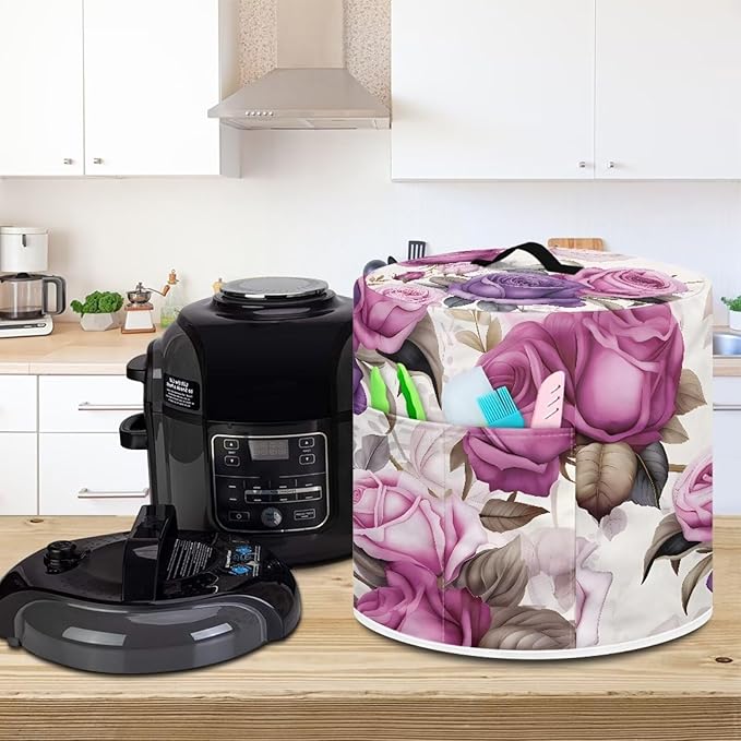 Rose Dust Cover for 3 qt Air Fryer & Pressure Cooker Kitchen Appliance Accessories, Portable Pressure Cooker Air Fryer Rice Cooker Dust Cover with Storage Pockets