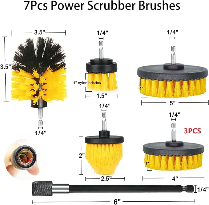 8 Pack Drill Brush Attachment Set, 1/4in Power Scrubber Brush+ Extend Long Rod - Image 2
