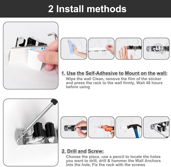 Broom Holder Wall Mount, Broom Organizer Wall Mount Stainless Steel Broom and - Image 7