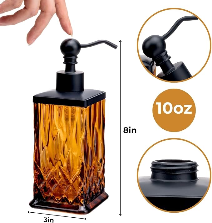 10Oz Amber Glass Soap Dispenser, Heavy Glass & Leak-Proof Rust-Resistant Pump - Image 7