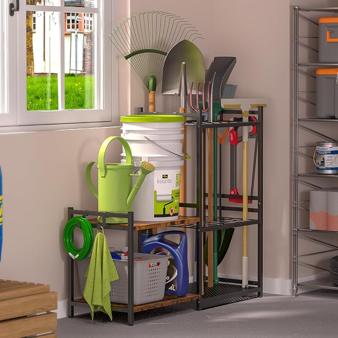 Garage Tool Organizer with 2-tier Wooden Shelves, Yard Tool Organizer - Image 5