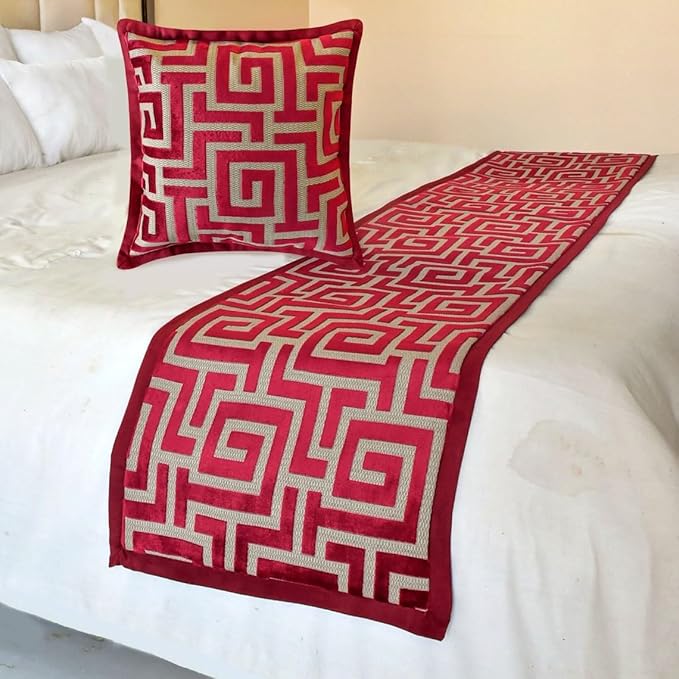The HomeCentric King/Queen/Twin Red Designer Queen 74"x18" Bed Runner Without Pillow Cover, Maze Bed Scarf on Velvet Fabric - Path
