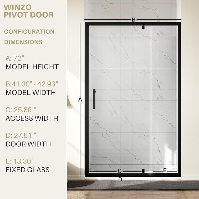 WinZo 41-42" W ×72" H Pivot Shower Door, 1/4" SGCC Clear Tempered Glass Shower - Image 6