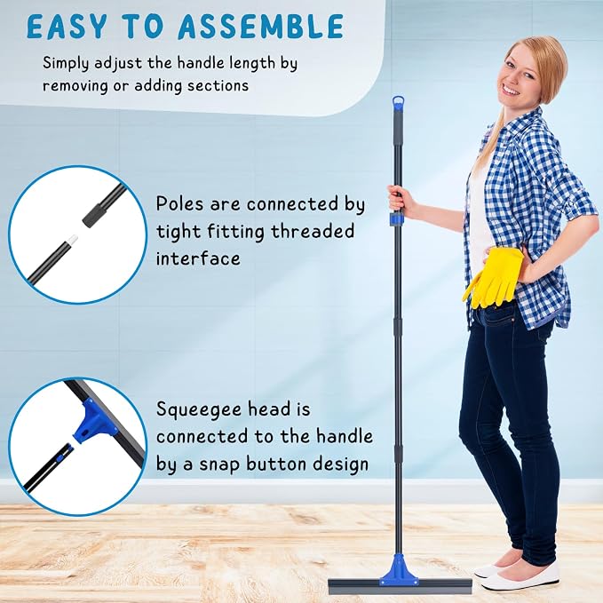 Floor Squeegee with Telescopic Long Handle 59'', Heavy Duty 18" Rubber Wiper - Image 6