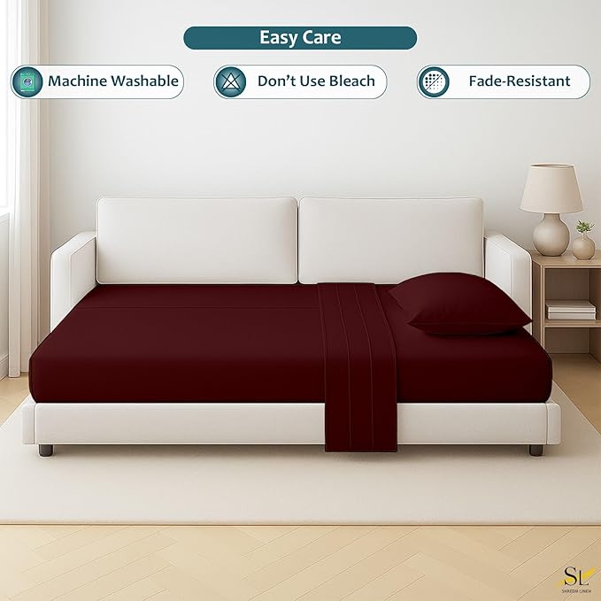 Shreem Linen Luxury Queen Sleeper Sofa Bed Sheet Set,100% Egyptian Cotton, 338 Thread Count, Queen Size (60 x74 +6 Inch Deep Pocket) Soft and Light Weight 4pcs Sofa Set (Burgundy Solid)