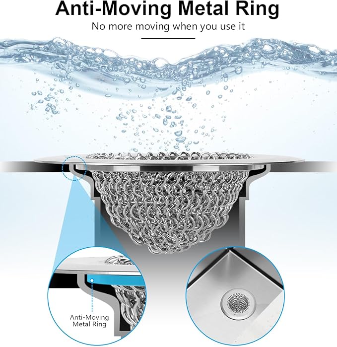Sink Drain Strainer: Anti-Slip Flexible Chainlink, 304 Stainless Steel. - Image 3
